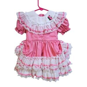 Vintage Pazazz Pink Ruffle Lace Party Pageant Girl Toddler Dress Size 1t 2t